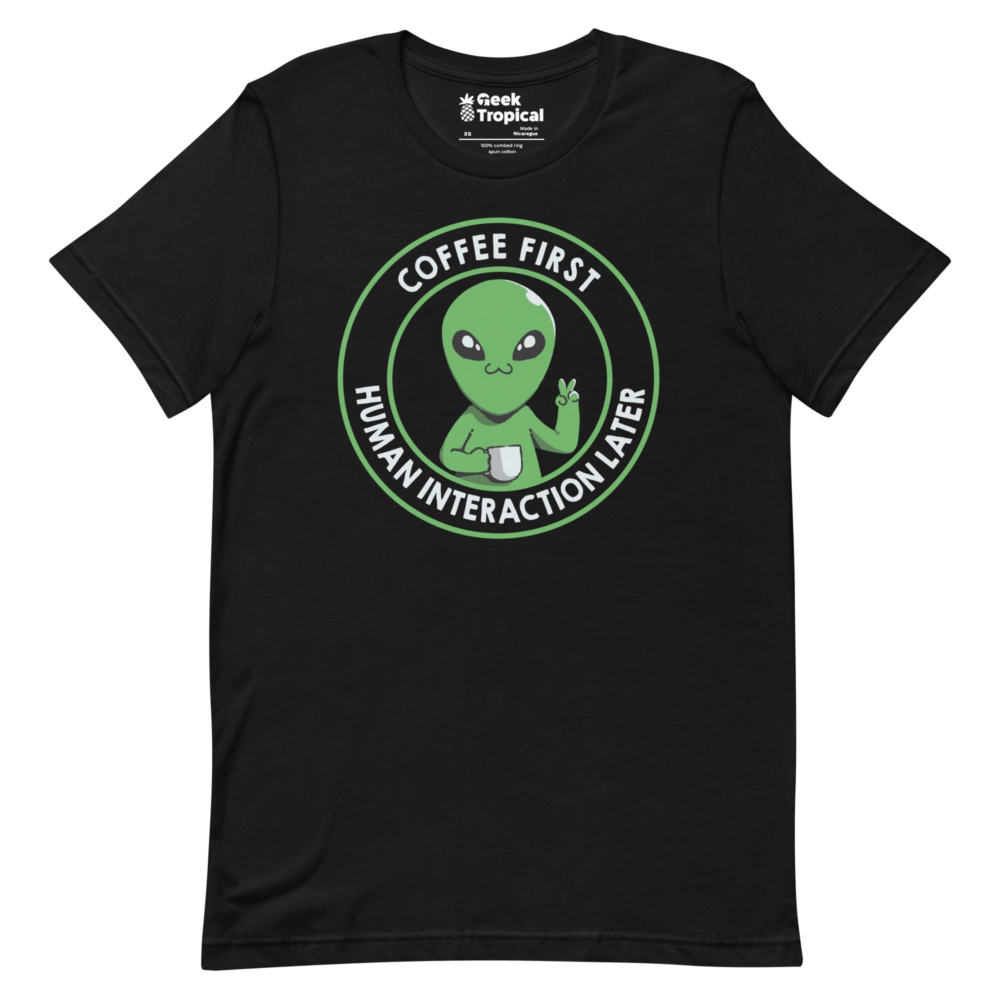 Coffee First, Human Interaction Later T-Shirt Geek Nerd Advertise to Meta Design by Tobe Fonseca FLOW DESC WRITING