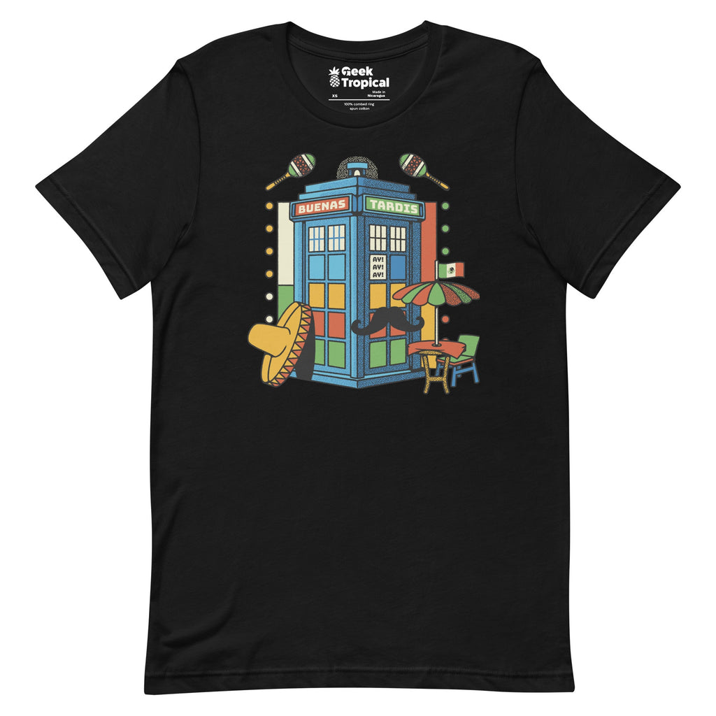Buenas Tardis Travel Time T-Shirt Geek Nerd Advertise to Meta Design by Tobe Fonseca Fantasy Prints