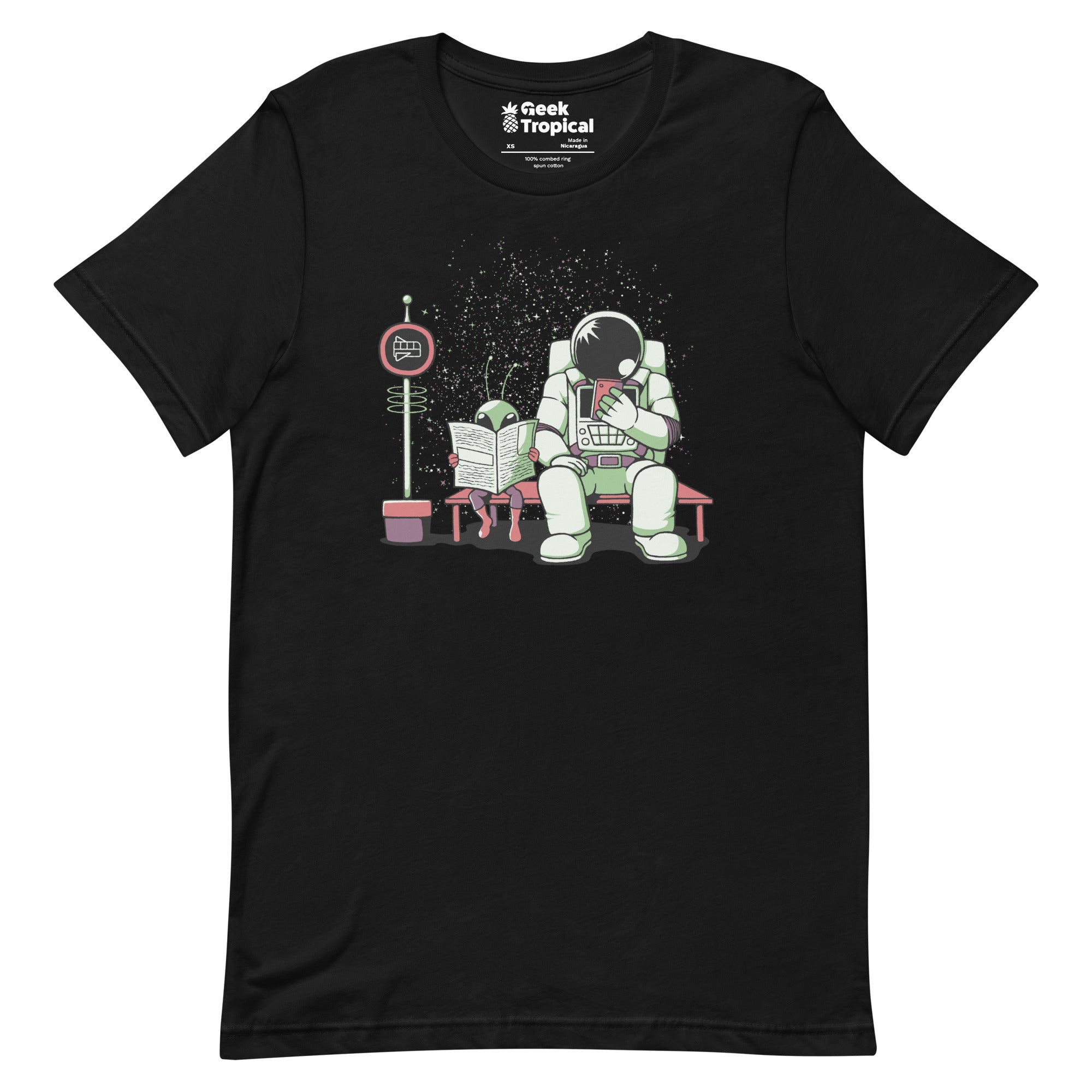 Astronaut In a Bus Stop Funny Alien Reading Newspaper T-Shirt Geek Nerd Advertise to Meta Design by Tobe Fonseca Fantasy Prints