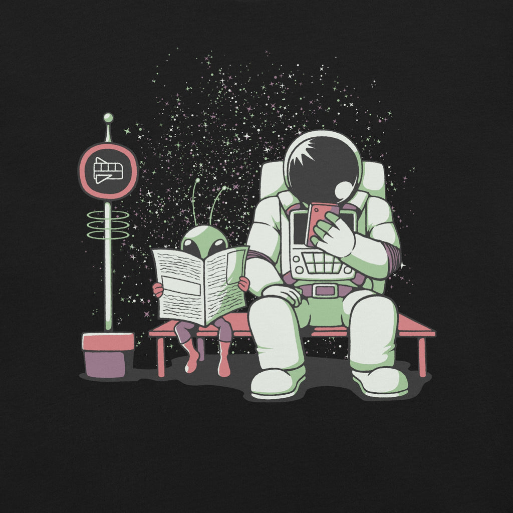 Astronaut In a Bus Stop Funny Alien Reading Newspaper T-Shirt Geek Nerd Advertise to Meta Design by Tobe Fonseca Fantasy Prints