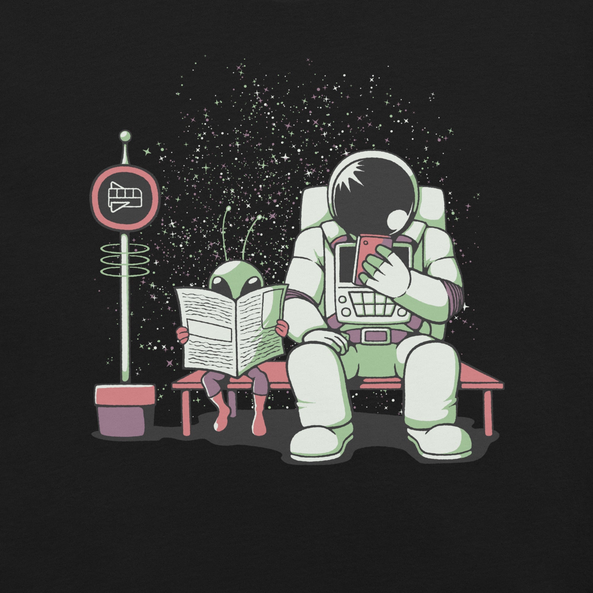 Astronaut In a Bus Stop Funny Alien Reading Newspaper T-Shirt Geek Nerd Advertise to Meta Design by Tobe Fonseca Fantasy Prints