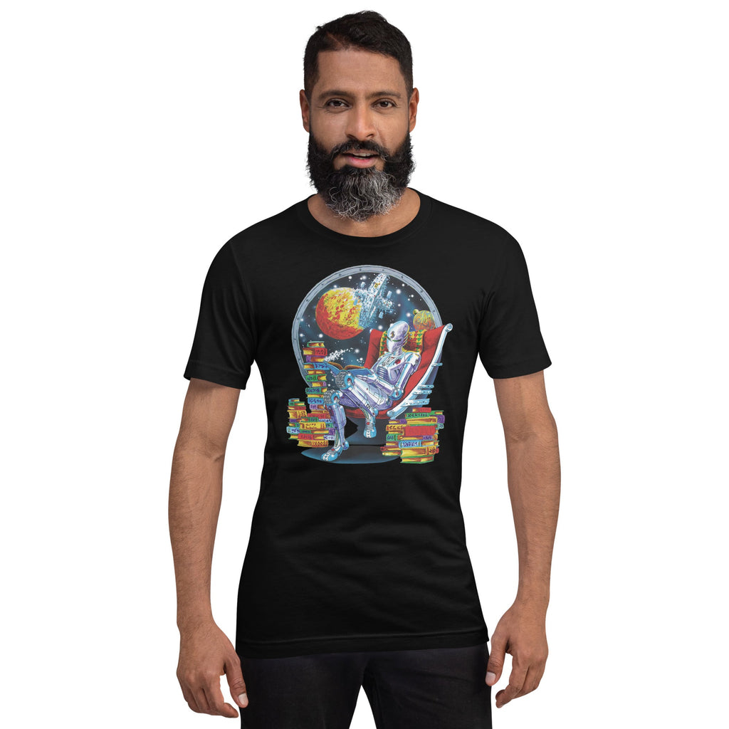 Robot Reading T-Shirt Geek Nerd Advertise to Meta Book Prints Fantasy Prints