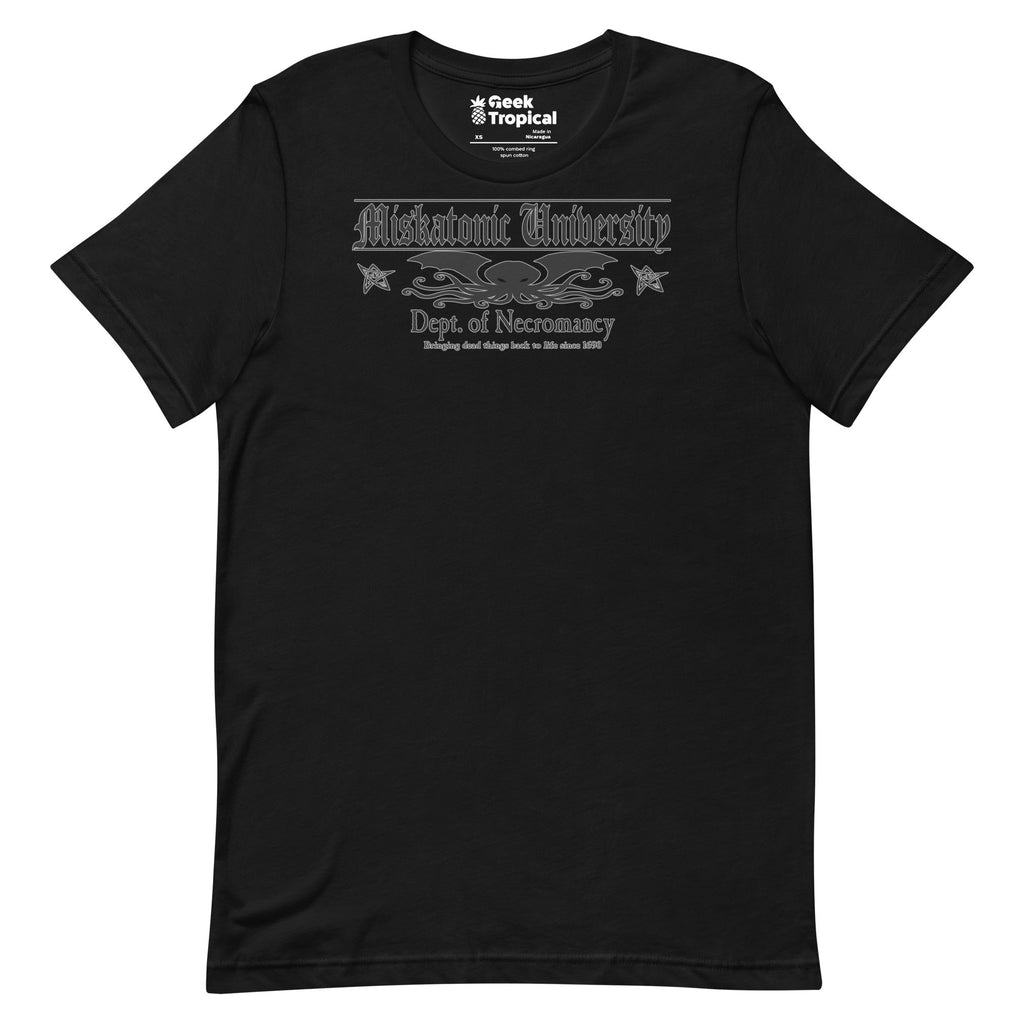 Miskatonic University Dept Necromancy T-Shirt Geek Nerd Advertise to Meta Book Prints Fantasy Prints