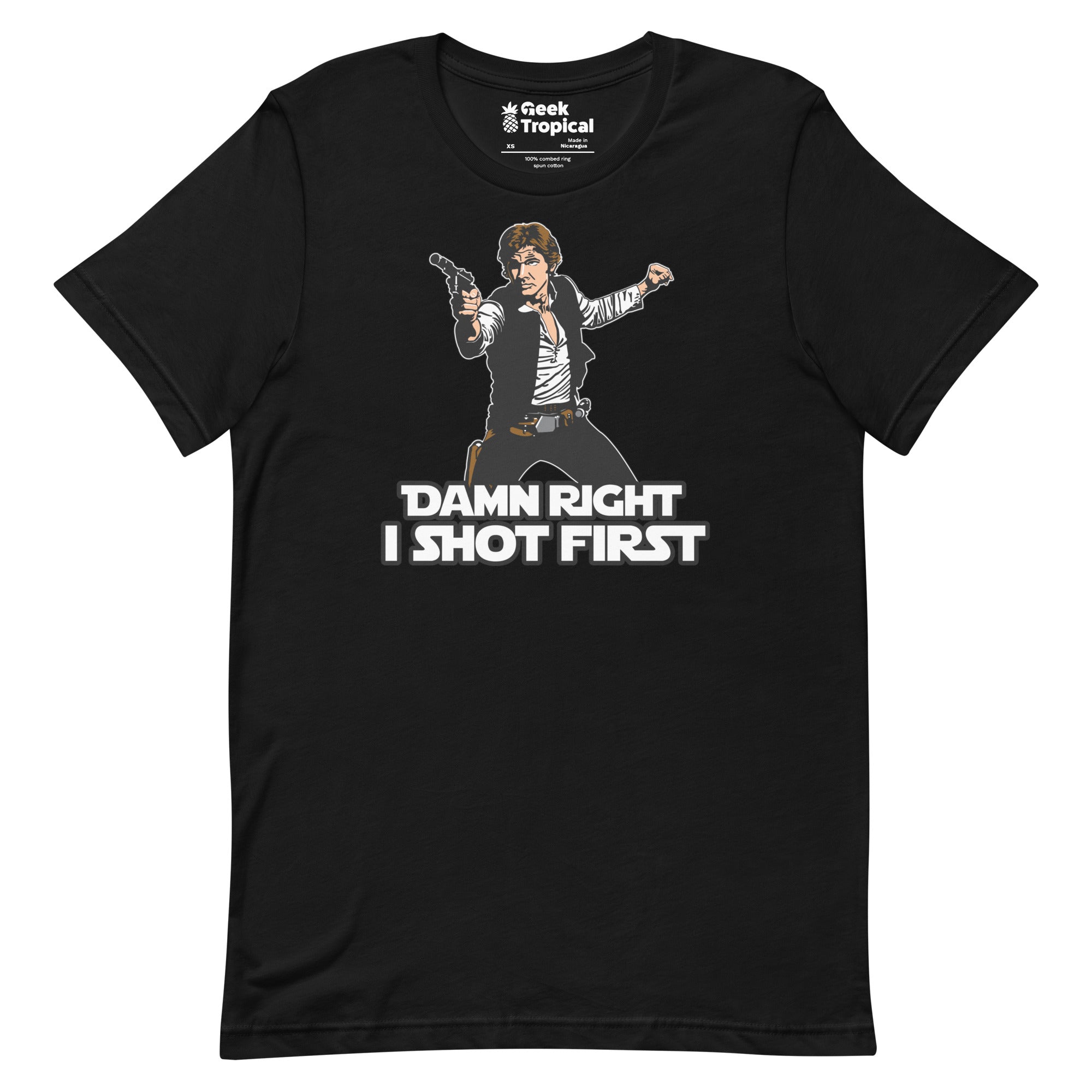 I Shot First T-Shirt Geek Nerd Advertise to Meta Fantasy Prints FLOW DESC WRITING