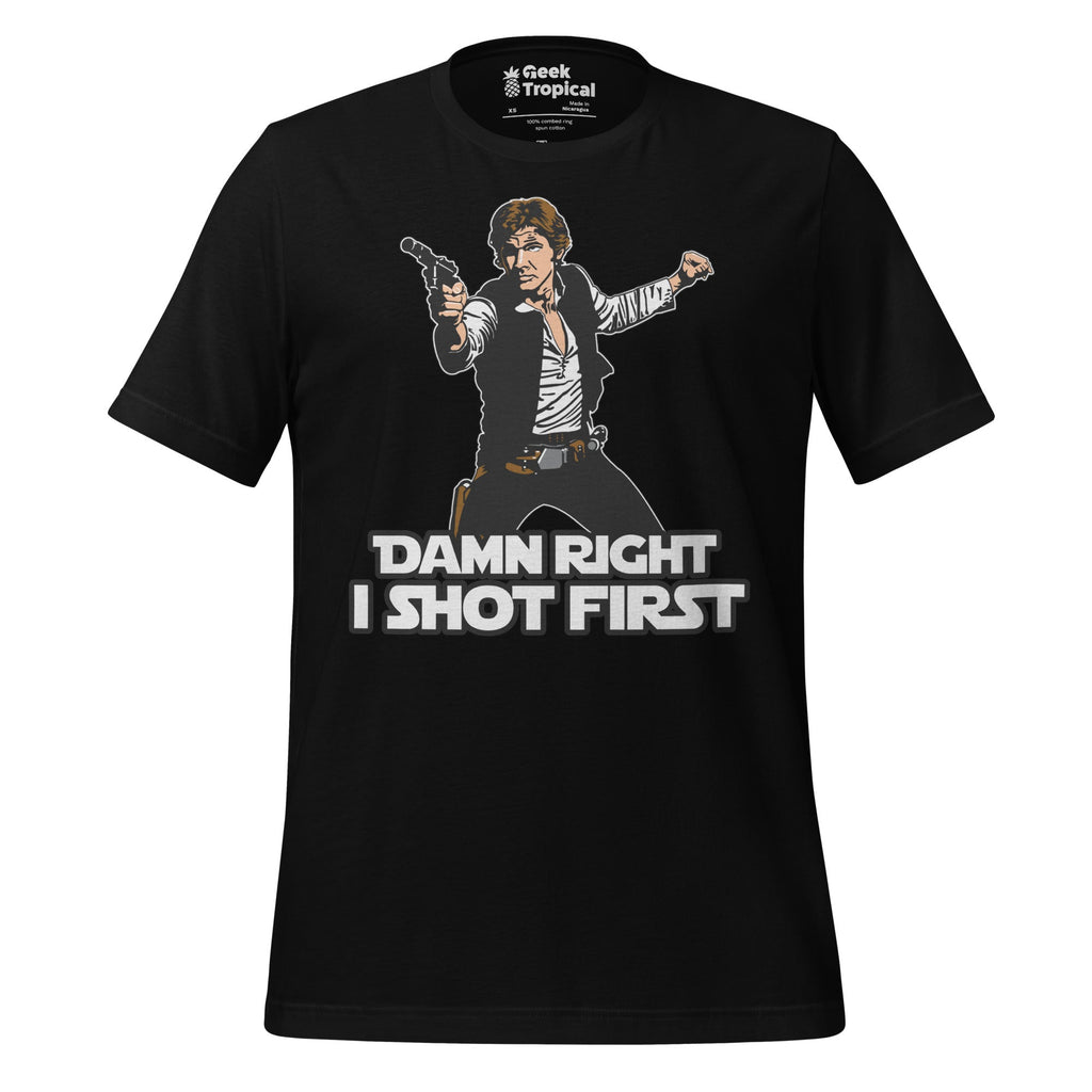 I Shot First T-Shirt Geek Nerd Advertise to Meta Fantasy Prints FLOW DESC WRITING