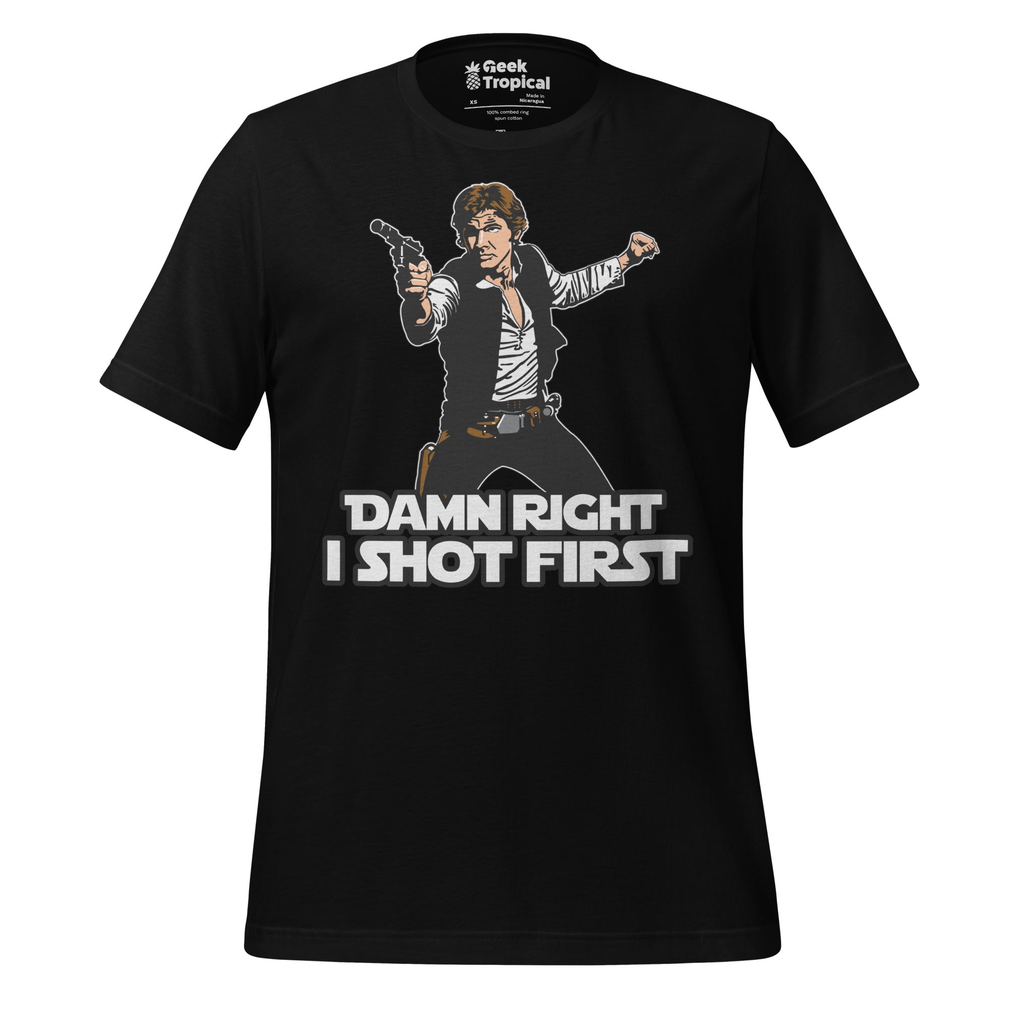 I Shot First T-Shirt Geek Nerd Advertise to Meta Fantasy Prints FLOW DESC WRITING