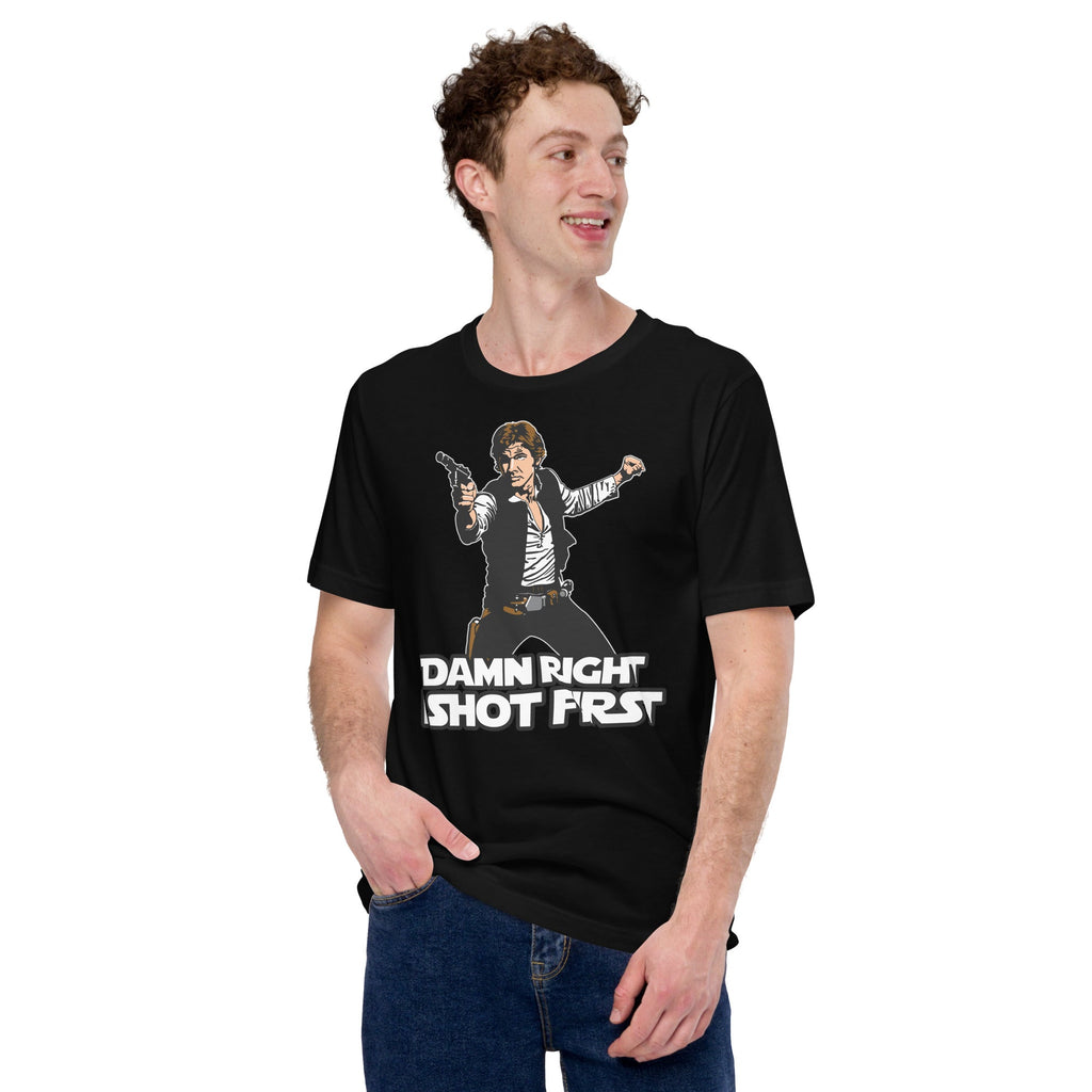 I Shot First T-Shirt Geek Nerd Advertise to Meta Fantasy Prints FLOW DESC WRITING