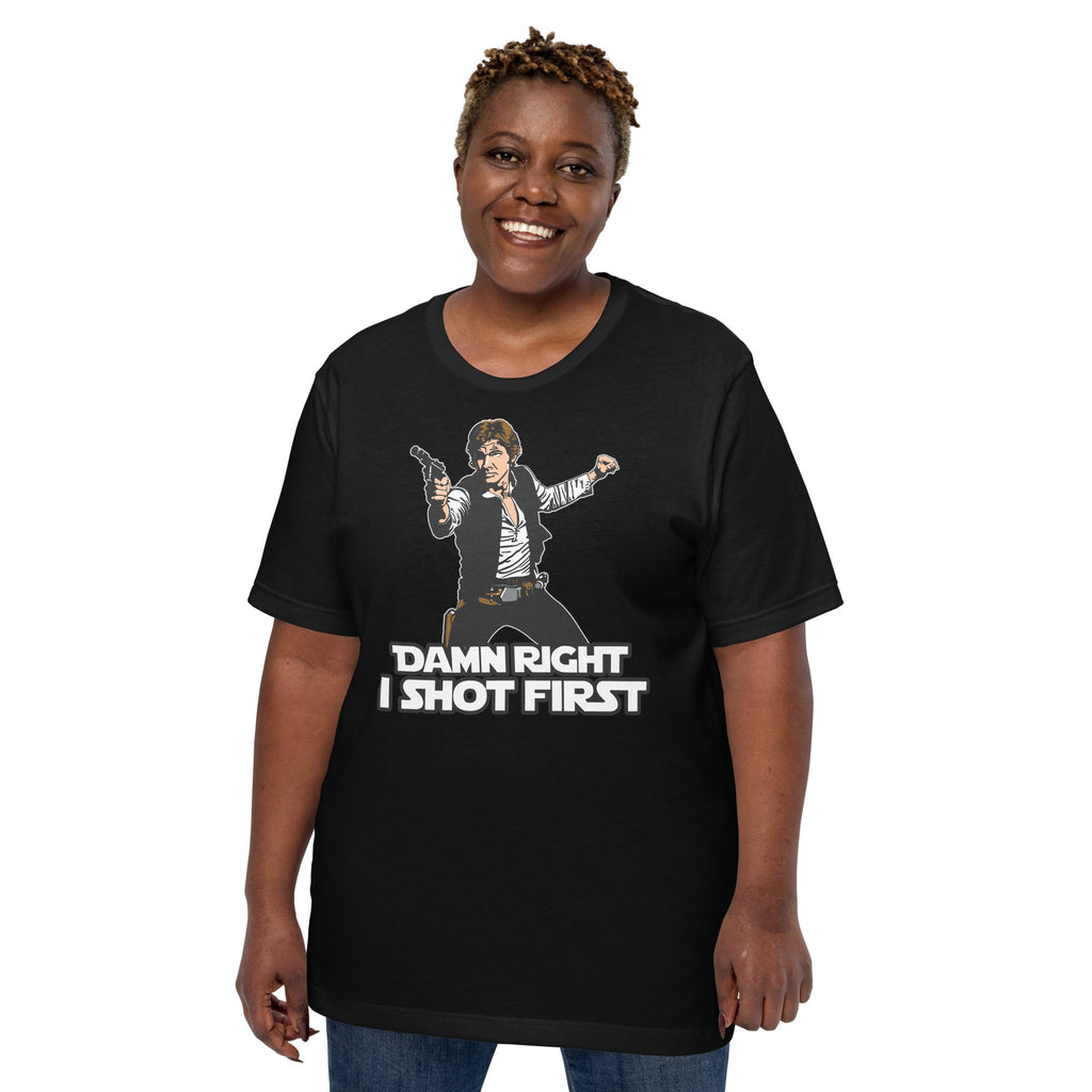 I Shot First T-Shirt Geek Nerd Advertise to Meta Fantasy Prints FLOW DESC WRITING