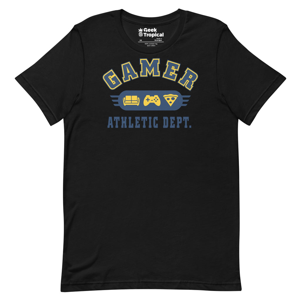 Gamer Athletic Dept T-Shirt Geek Nerd Advertise to Meta FLOW DESC WRITING Off World Designs