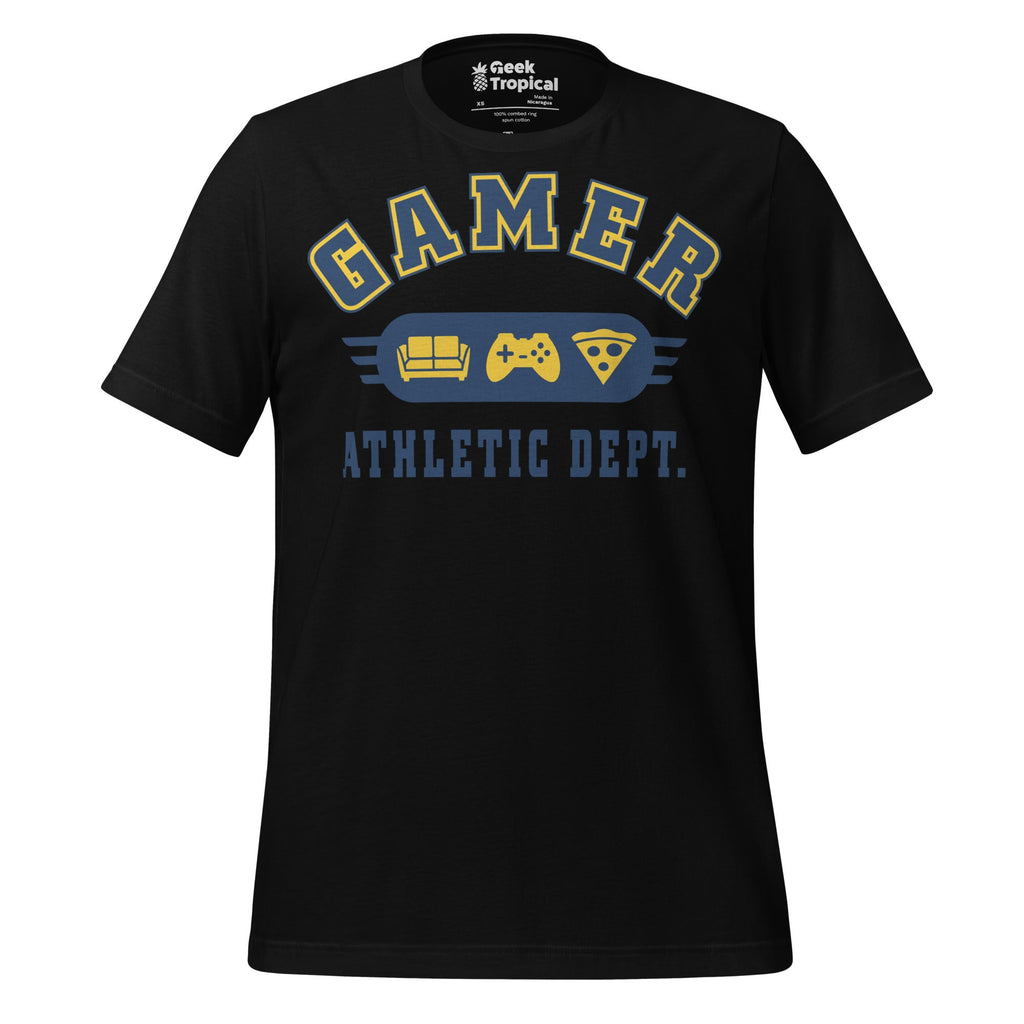 Gamer Athletic Dept T-Shirt Geek Nerd Advertise to Meta FLOW DESC WRITING Off World Designs