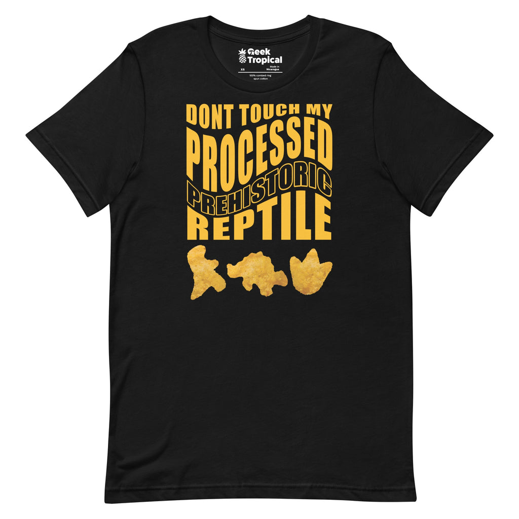 Processed Prehistoric Reptile Dinosaur Chicken Nuggets T-Shirt Geek Nerd Advertise to Meta Animal Patterns Design by Random Galaxy