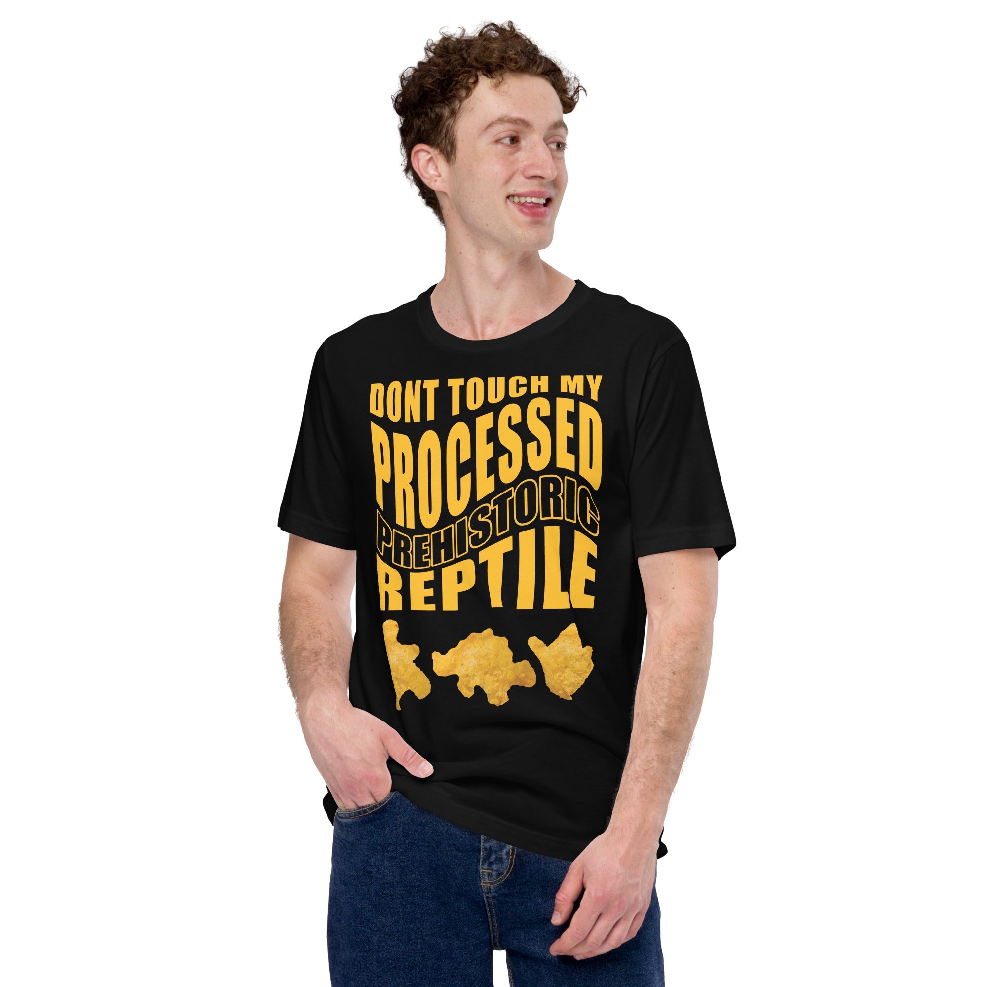 Processed Prehistoric Reptile Dinosaur Chicken Nuggets T-Shirt Geek Nerd Advertise to Meta Animal Patterns Design by Random Galaxy