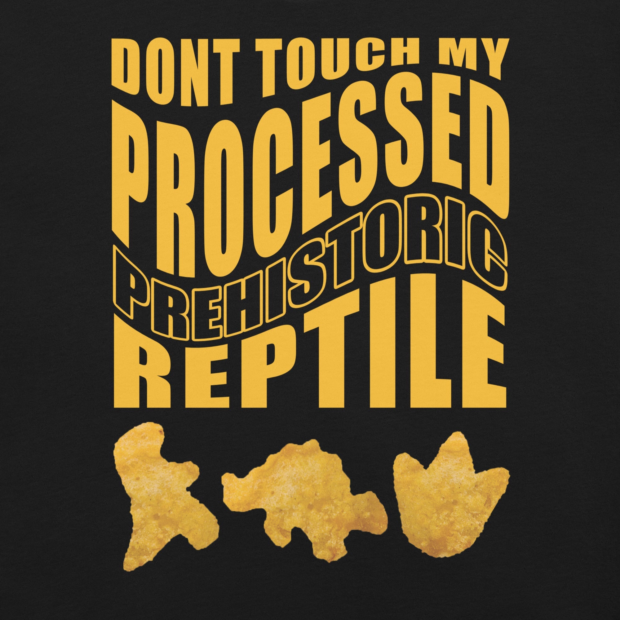Processed Prehistoric Reptile Dinosaur Chicken Nuggets T-Shirt Geek Nerd Advertise to Meta Animal Patterns Design by Random Galaxy
