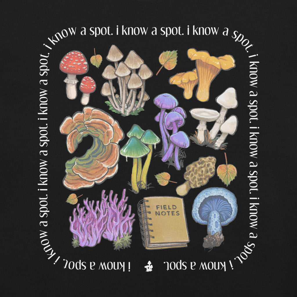 I Know A Spot Mushrooms T-Shirt Geek Nerd Advertise to Meta Botany Print Elle