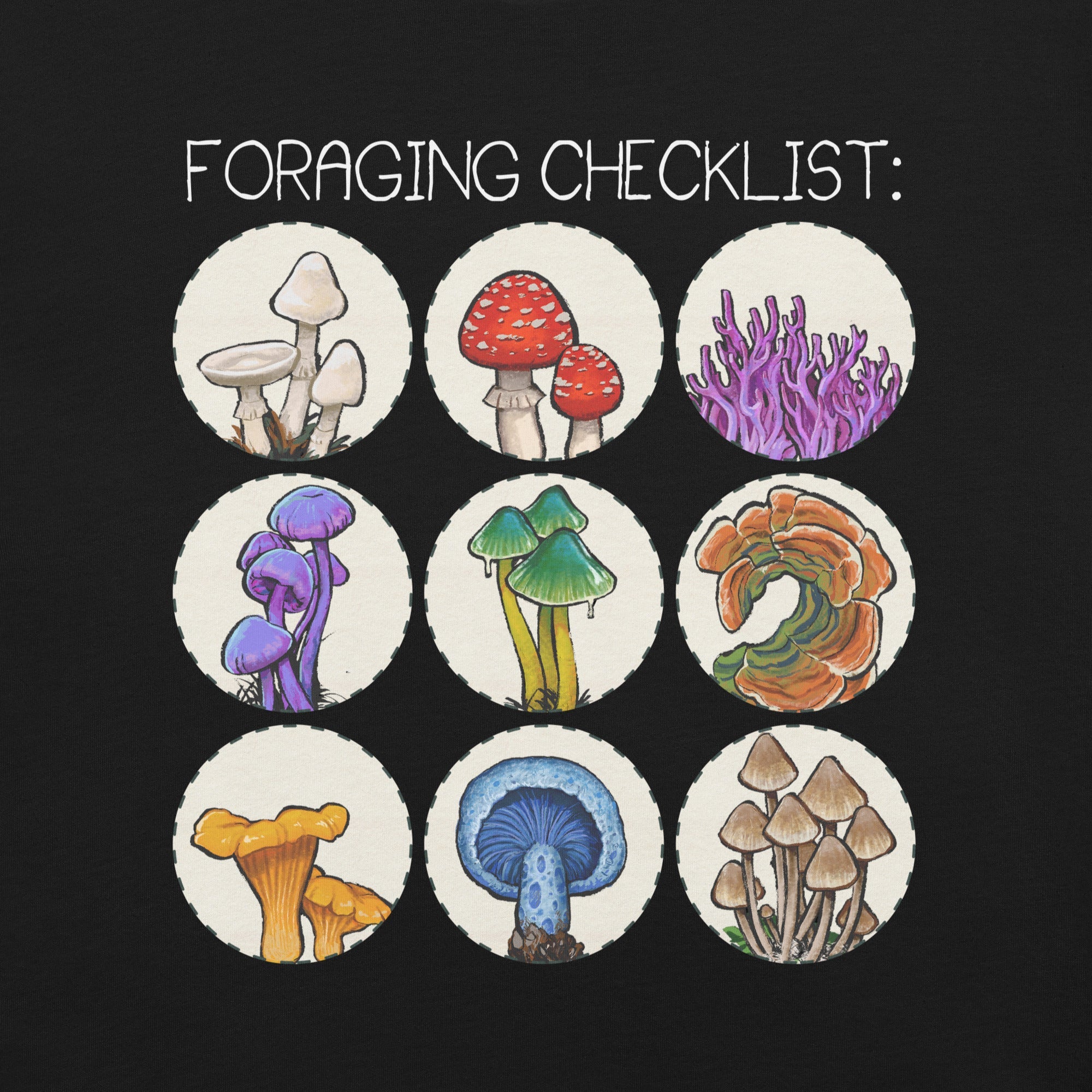 Foraging Checklist Mushrooms T-Shirt Geek Nerd Advertise to Meta Botany Print Elle