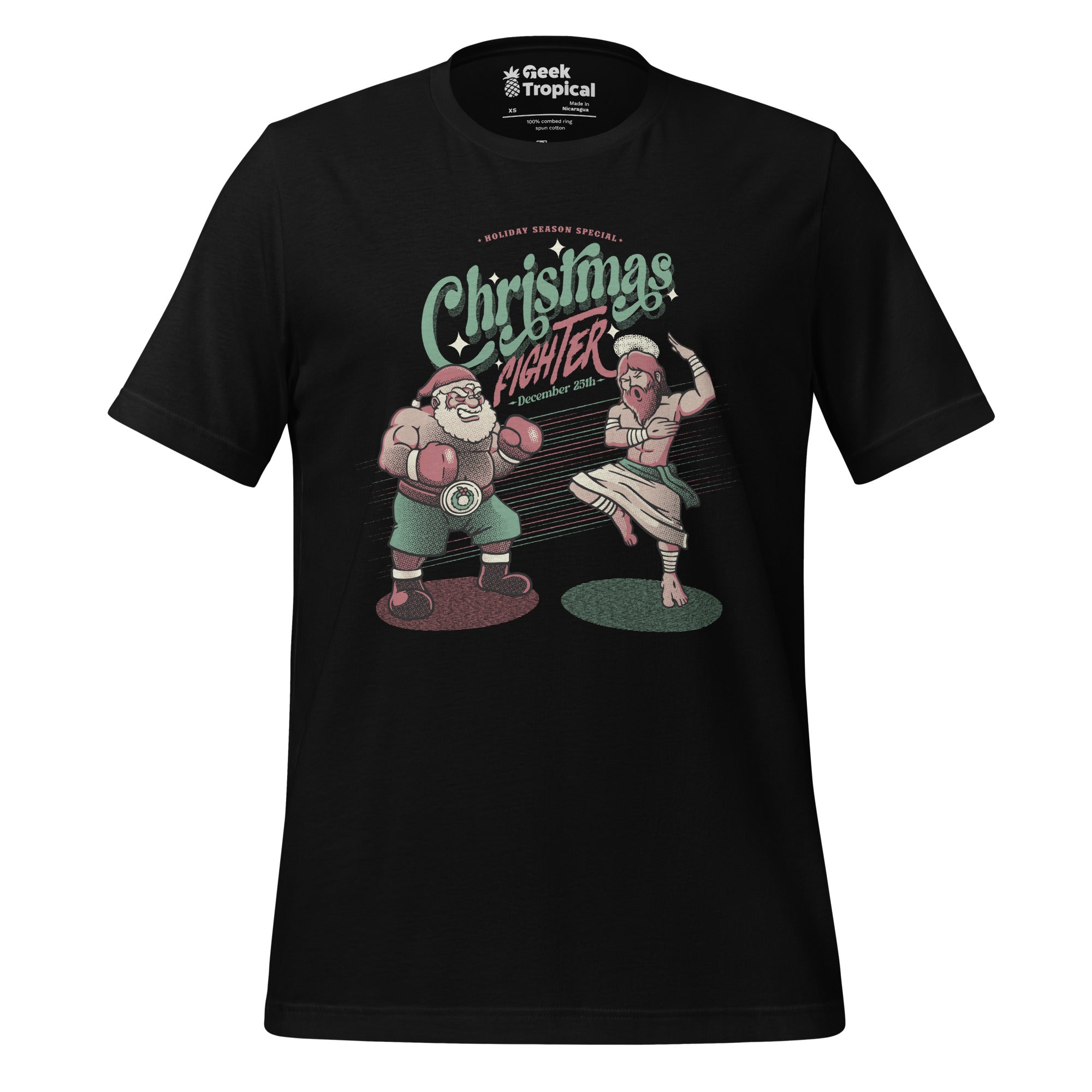 Christmas Figther Jesus vs Santa Claus T-Shirt Geek Nerd Advertise to Meta Christmas Print Design by Tobe Fonseca