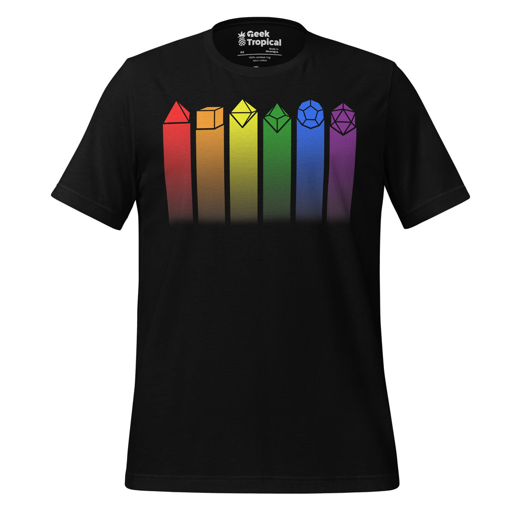 Rainbow RPG Dice T-Shirt Geek Nerd Advertise to Meta board game print Design by Offworld Designs