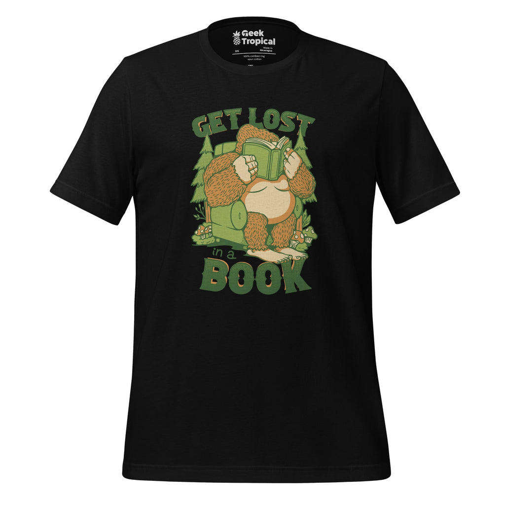 Get Lost In A Book Sasquatch T-Shirt Geek Nerd Advertise to Meta Book Prints Design by Tobe Fonseca
