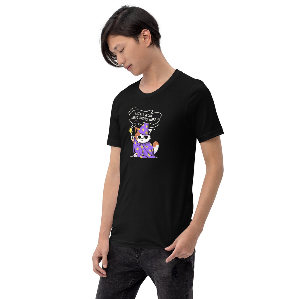 A Spell a Day Keeps Idiots Away Wizard Cat T-Shirt Geek Nerd Animal Patterns Design by Tobe Fonseca dnd & rpg print