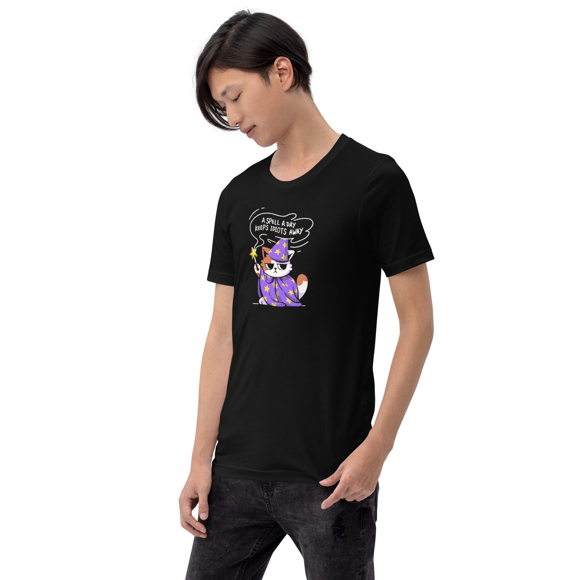 A Spell a Day Keeps Idiots Away Wizard Cat T-Shirt Geek Nerd Animal Patterns Design by Tobe Fonseca dnd & rpg print