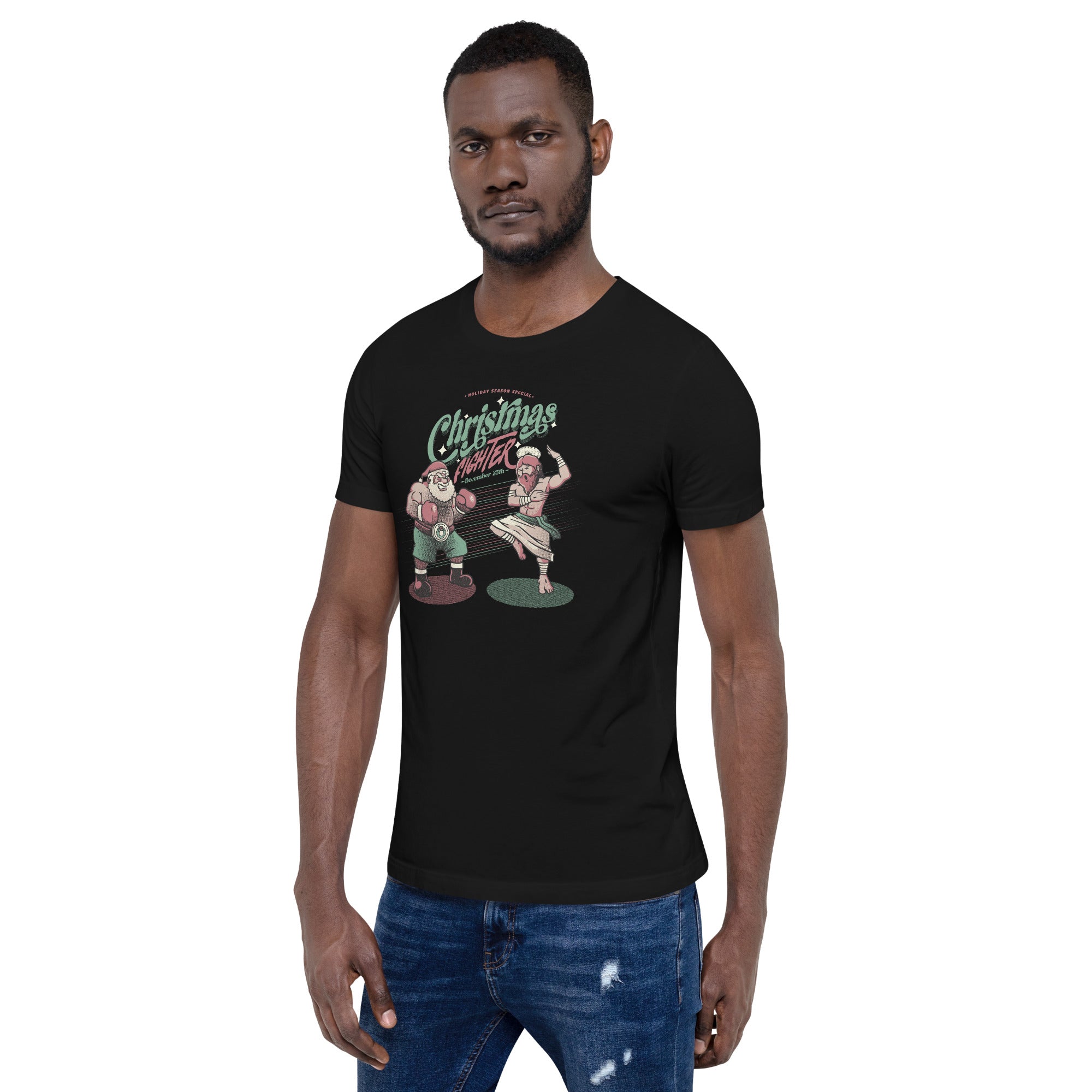 Holidays Fighting Jesus X Santa Claus T-Shirt Geek Nerd Advertise to Meta Christmas Print Design by Tobe Fonseca