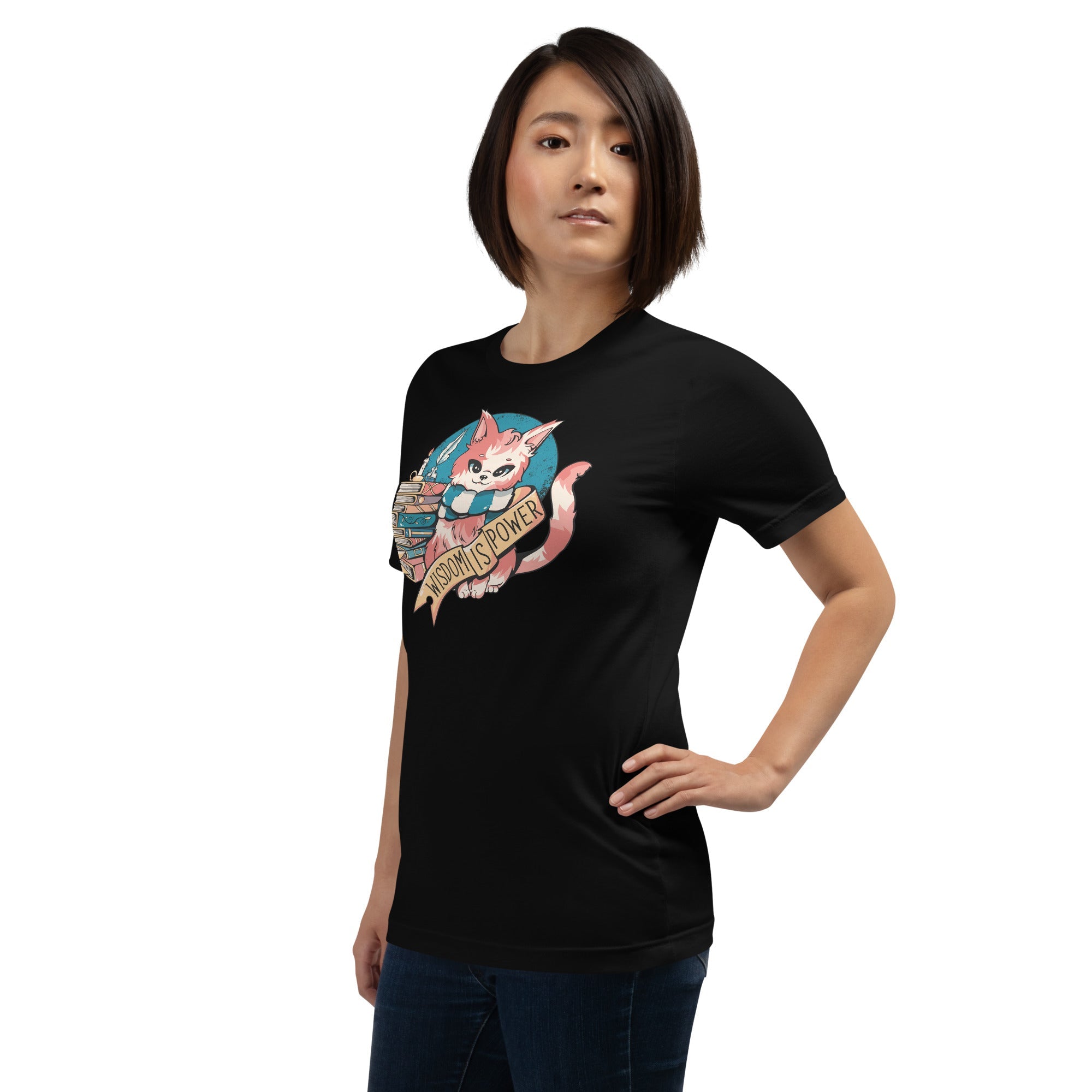 Wisdom is Power Books and Cat T-Shirt Geek Nerd Advertise to Meta Animal Patterns Book Prints