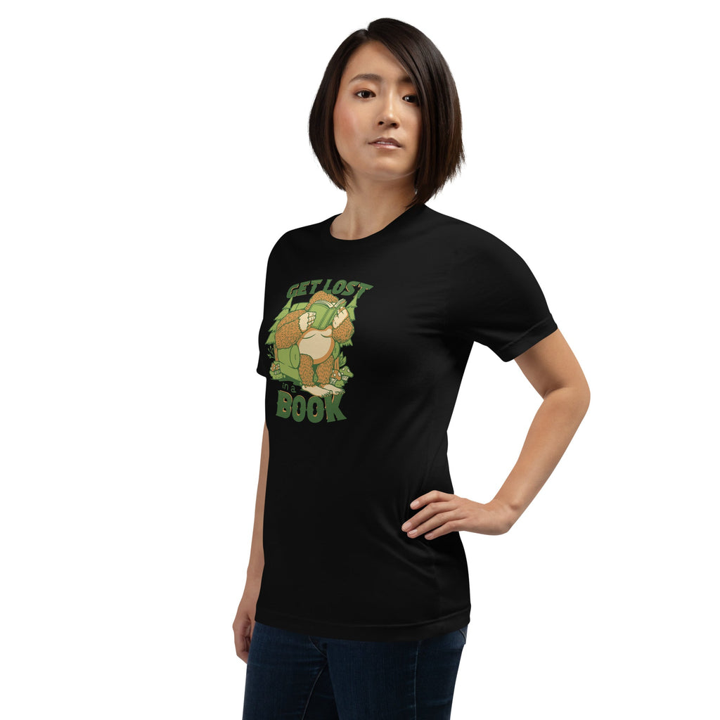 Get Lost - In A Book Sasquatch T-Shirt Geek Nerd Advertise to Meta Book Prints Design by Tobe Fonseca