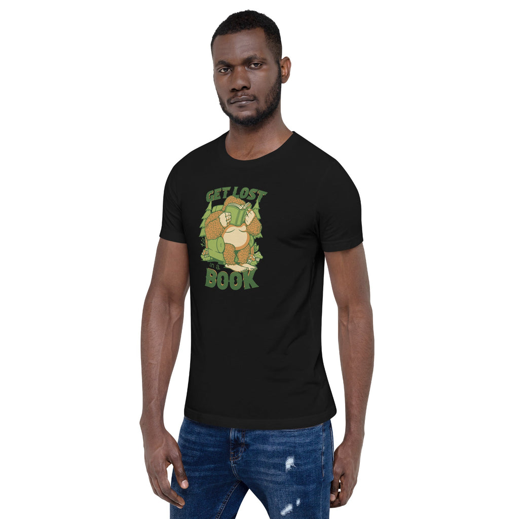 Get Lost - In A Book Sasquatch T-Shirt Geek Nerd Advertise to Meta Book Prints Design by Tobe Fonseca