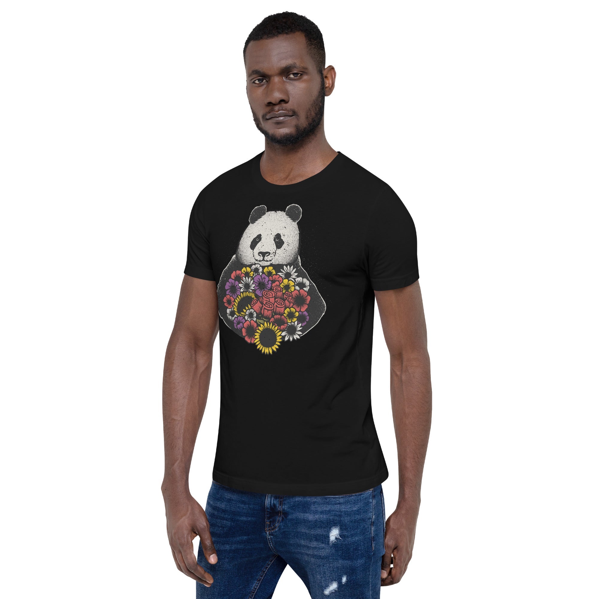 Black and White Panda With Flower T-Shirt Geek Nerd Advertise to Meta Animal Patterns Botany Print