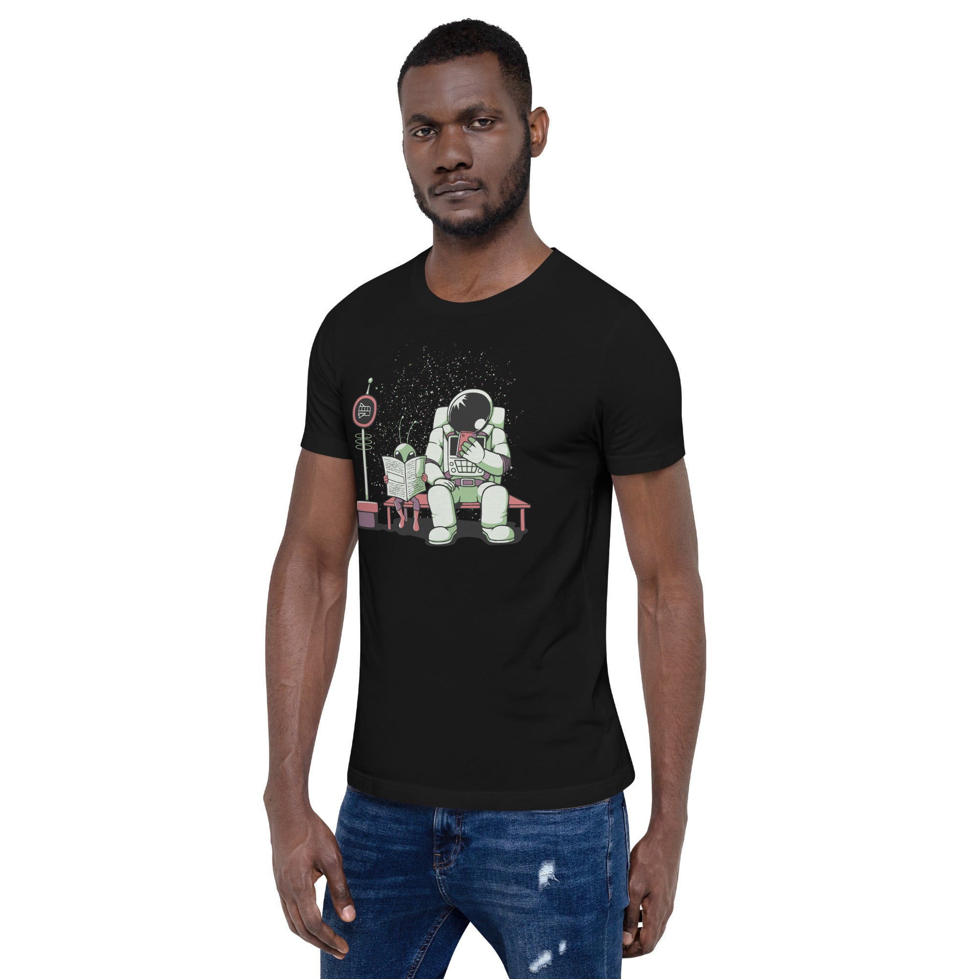 Astronaut In a Bus Stop Funny Alien Reading Newspaper T-Shirt Geek Nerd Advertise to Meta Design by Tobe Fonseca Fantasy Prints